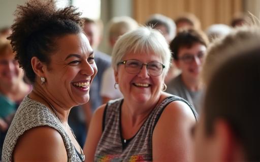 Orang ramai dari pelbagai peringkat umur ketawa bersama di sebuah acara komuniti.