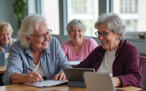 Beberapa orang warga emas yang tersenyum sedang belajar menggunakan tablet dalam satu kelas.