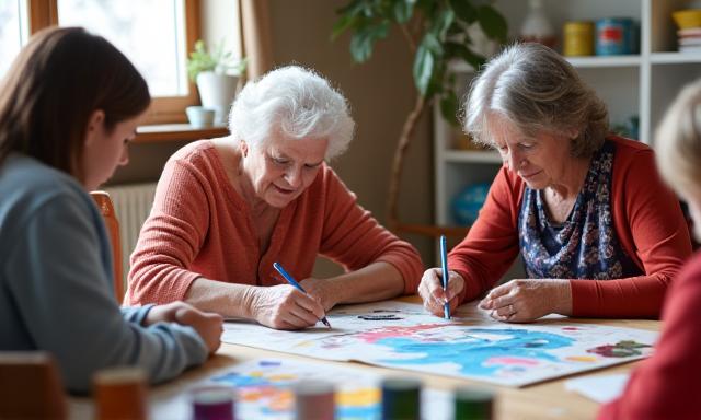 Warga emas dan remaja bekerjasama dalam projek seni.