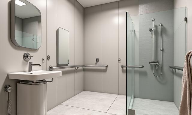 Sebuah bilik mandi moden yang telah diubah suai dengan ciri-ciri keselamatan untuk warga emas.