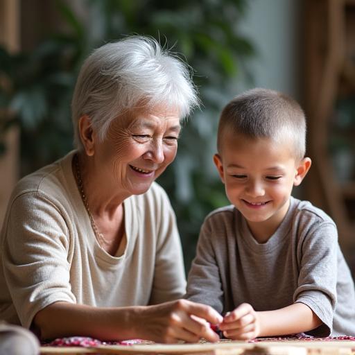 Seorang wanita warga emas tersenyum sambil mengajar seorang kanak-kanak bermain permainan tradisional.