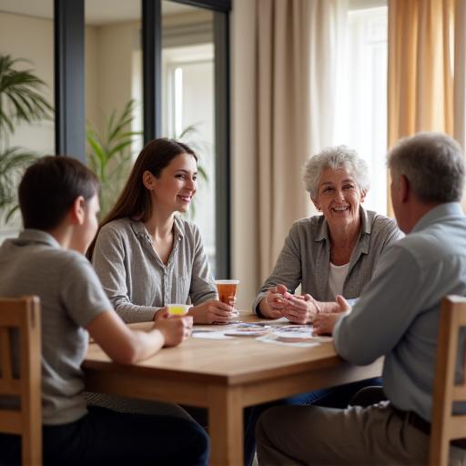 Seorang perancang penjagaan sedang berbincang dengan mesra bersama sebuah keluarga di meja makan.