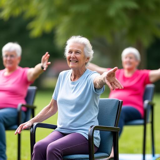 Sekumpulan warga emas yang ceria mengambil bahagian dalam kelas yoga kerusi di luar.